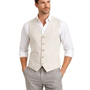 Perry Ellis Linen Vest Men XXL Beige Button Front Adjustable Back
